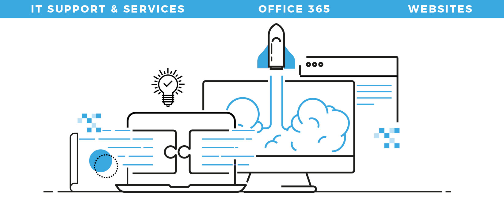 Terabyte technology illustration showing connected devices, cloud services and a launching rocket